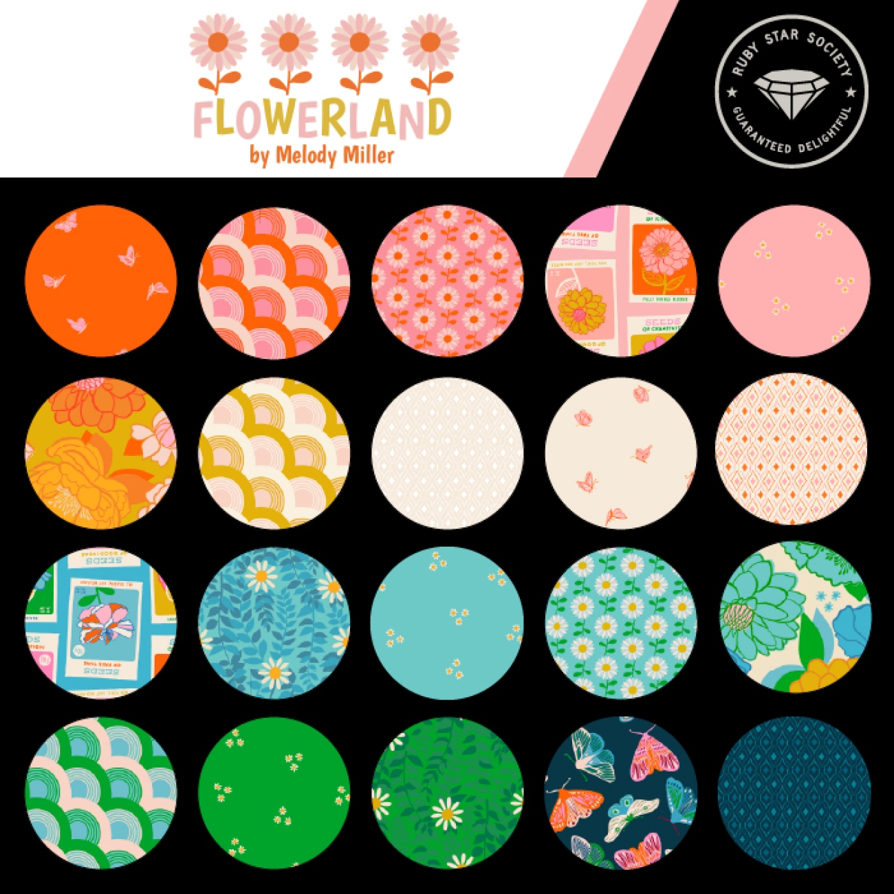 Patchwork Baumwolle - Ruby Star Society - Melody Miller - Flowerland - Floral Florals Vintage Retro Bold Butterfly Spring - Sorbet